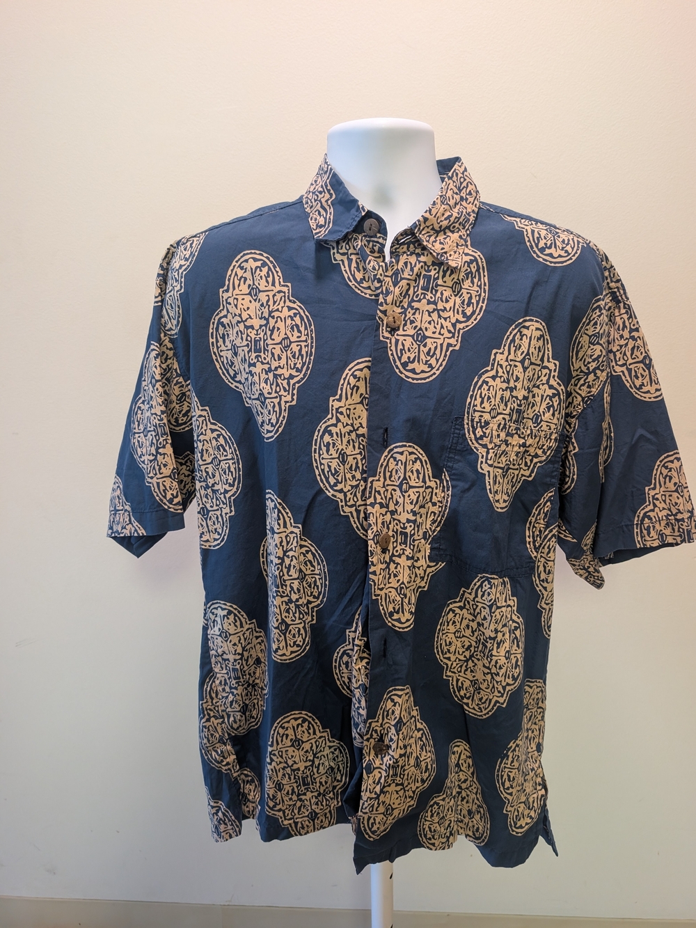 Casual Navy Button-Down Shirt with Tan Medallion Print